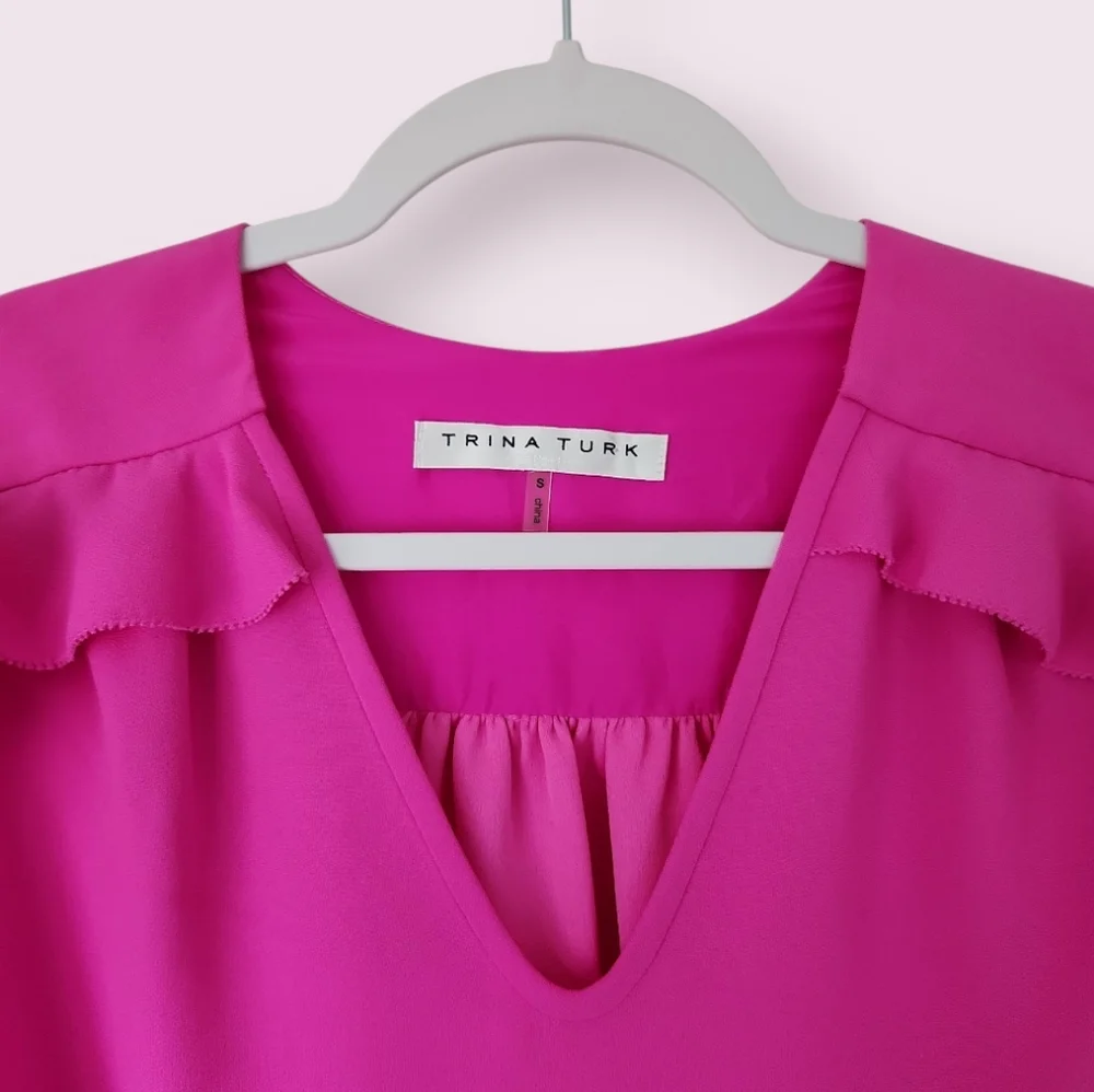 Trina Turk | EUC Owl Top Ruffle Sleeves Flowy Pink Size S - Picture 4 of 8